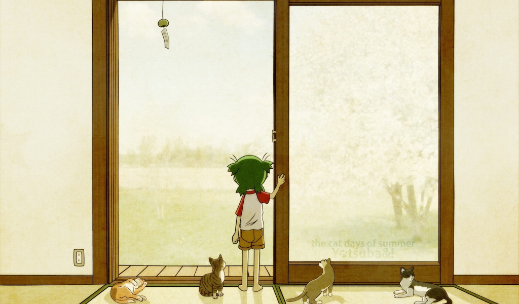Девочка аниме с котами смотрит в окно