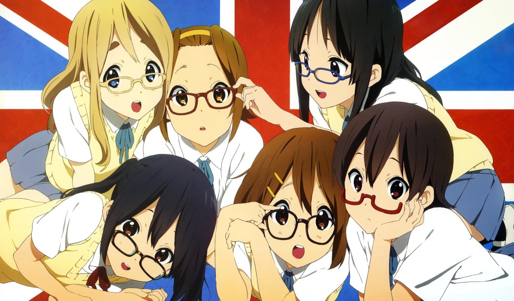 Девушки аниме на фоне флага Великобритании