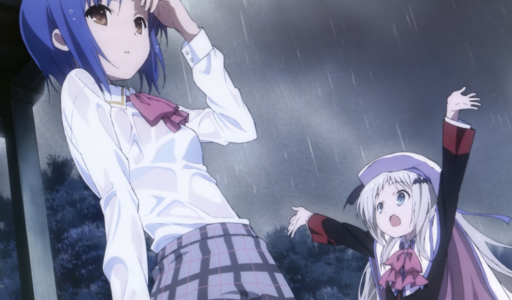 Аниме девушки Маленькие проказники под дождем