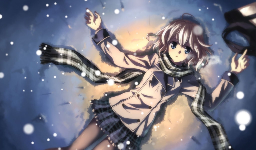 Аниме девушка Тацуя Юкки лежит на снегу