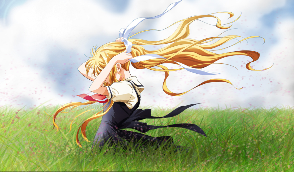 Девушка аниме среди поля в ветреный день