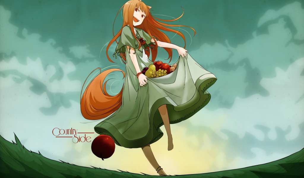 Девушка аниме несет в подоле фрукты