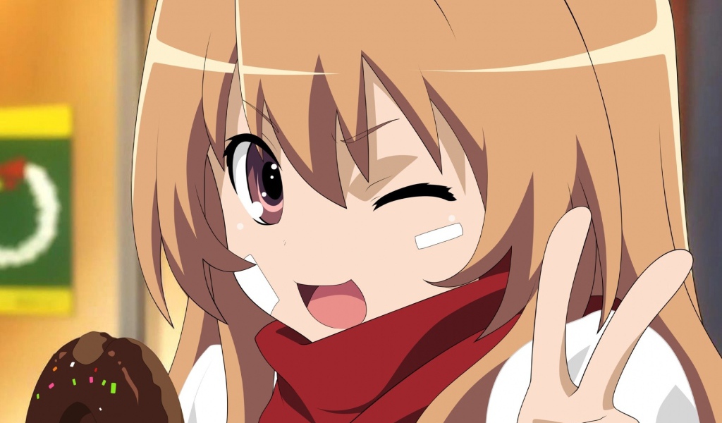 Девушка аниме кушает пончик и подмигивает