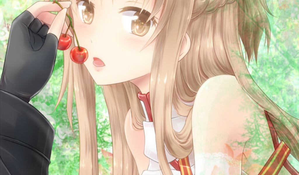 Аниме девушка Yuuki Asuna кушает вишни