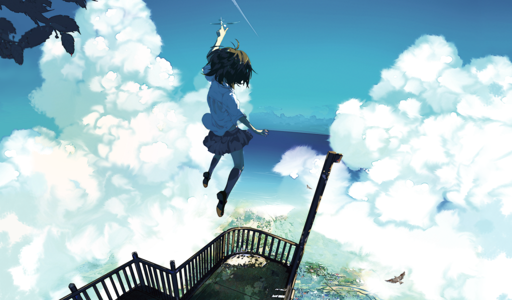 Девушка аниме парит в облаках