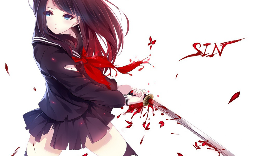 Девушка аниме держит катану с каплями крови