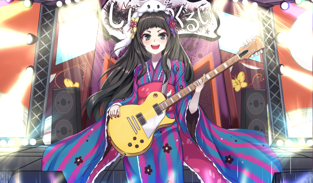 Девушка аниме в кимоно с гитарой