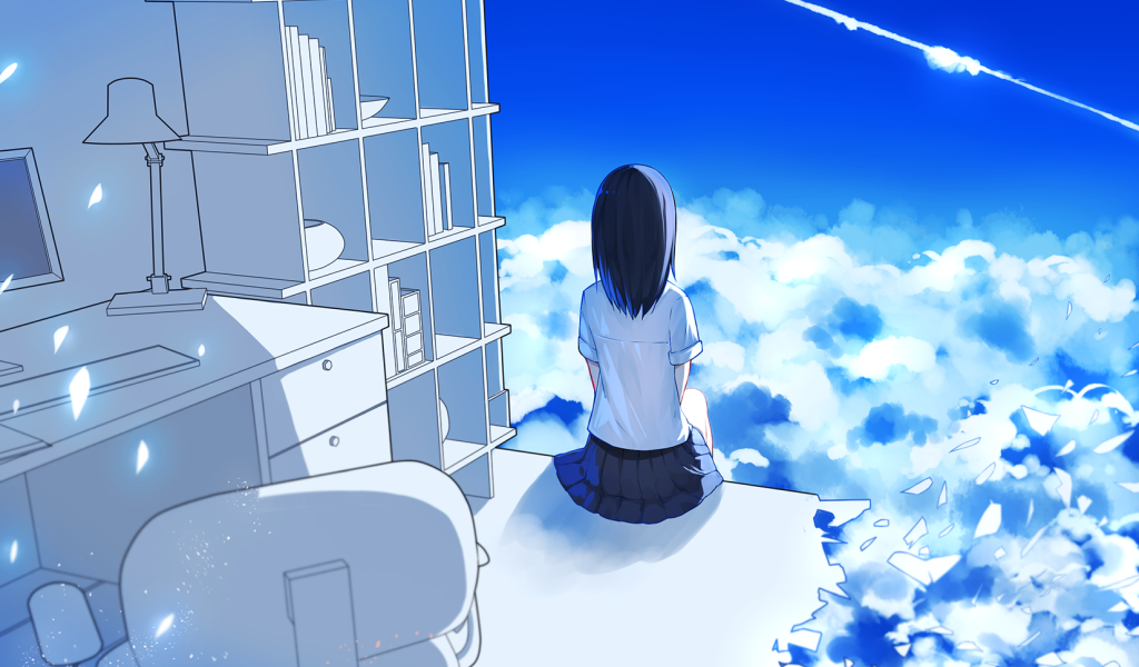 Девушка аниме в разрушенном доме над облаками