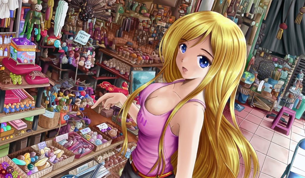 Девушка аниме в магазине косметики
