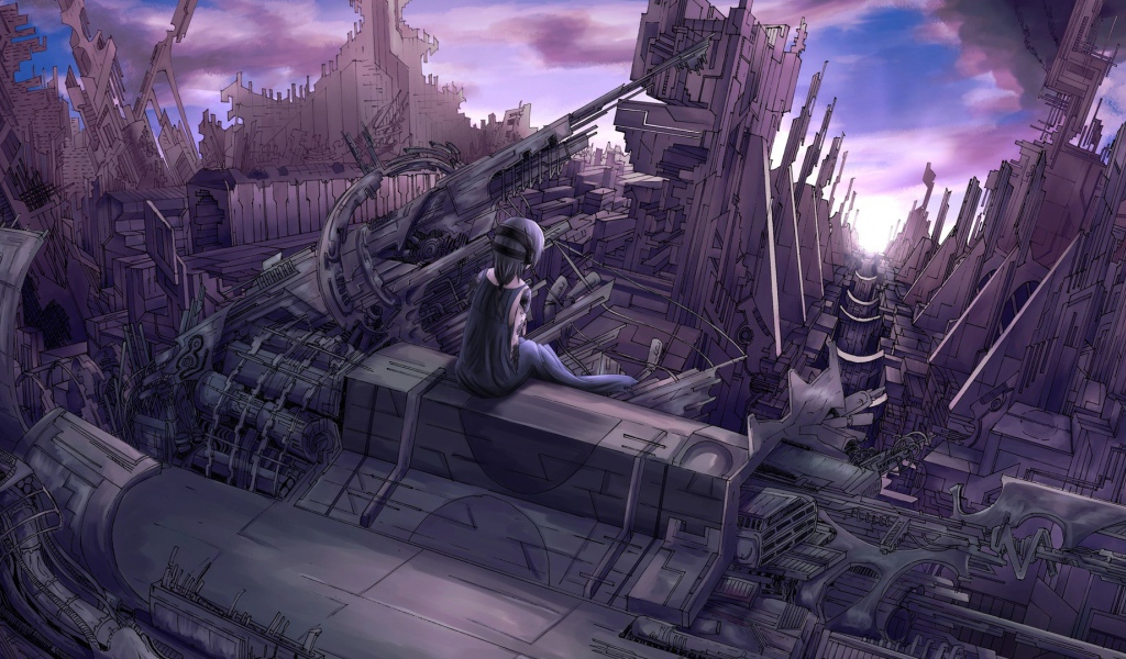 Девушка аниме смотрит на руины города