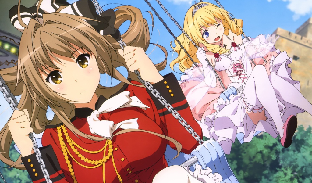 Девушки аниме на качелях в бриллиантовом парке