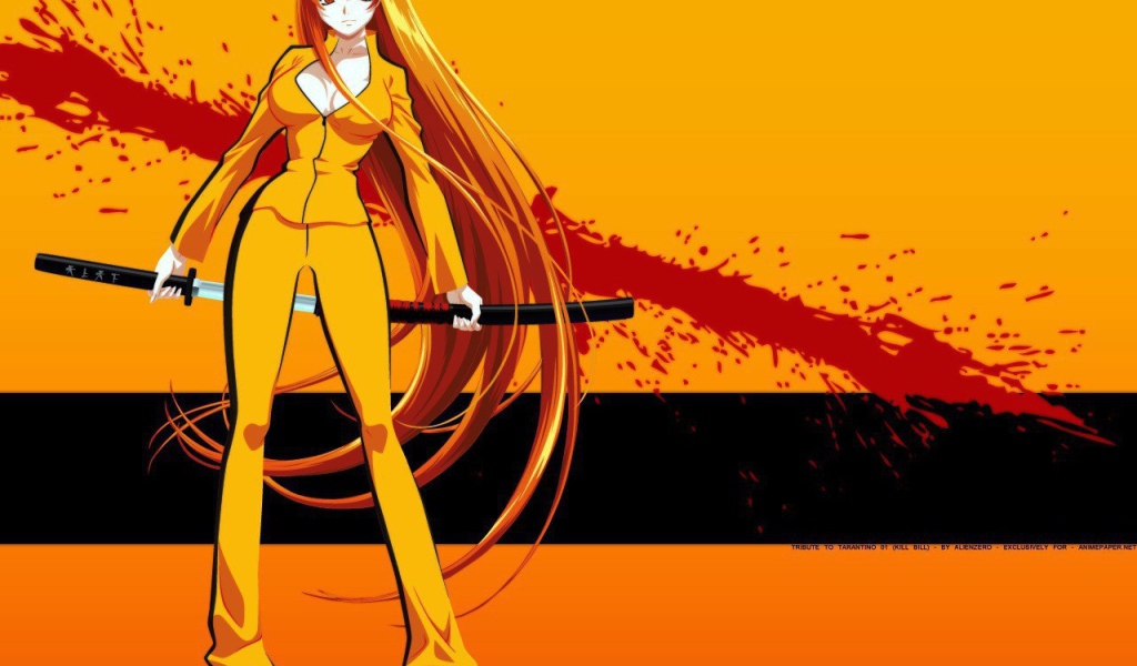 Аниме девушка на оранжевом фоне с катаной