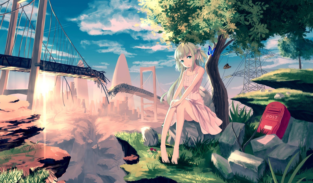 Аниме девушка на фоне разрушенного моста