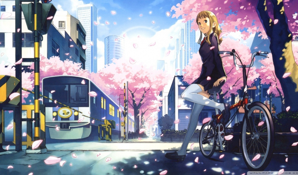 Аниме девушка на велосипеде у переезда