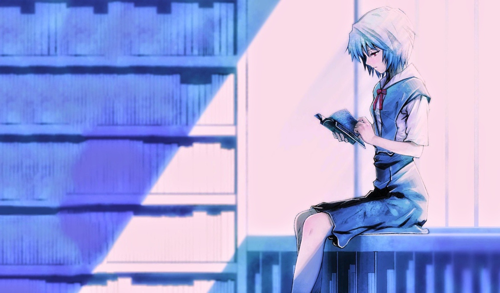 Девушка аниме Рей Аянами читает книгу