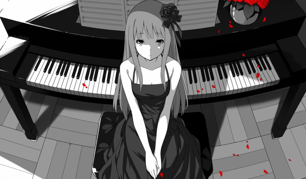 Аниме девушка сидит у пианино