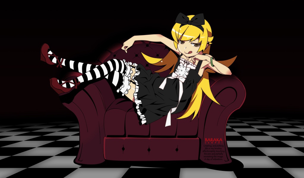 Девушка аниме Ошино сидит на кресле