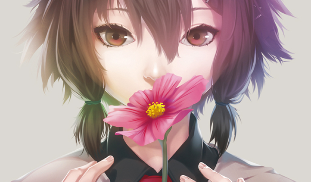 Девушка аниме нюхает розовый цветок
