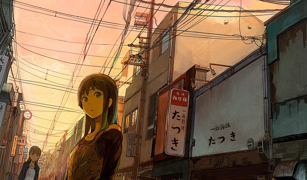 Девушка аниме гуляет по городу