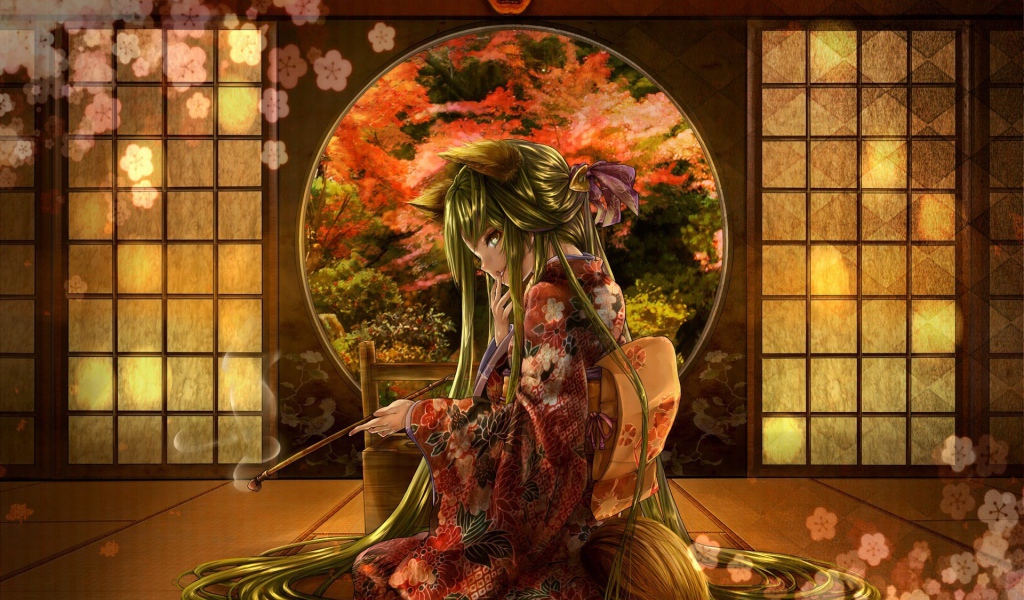 Аниме девушка с горящей бамбуковой палочкой