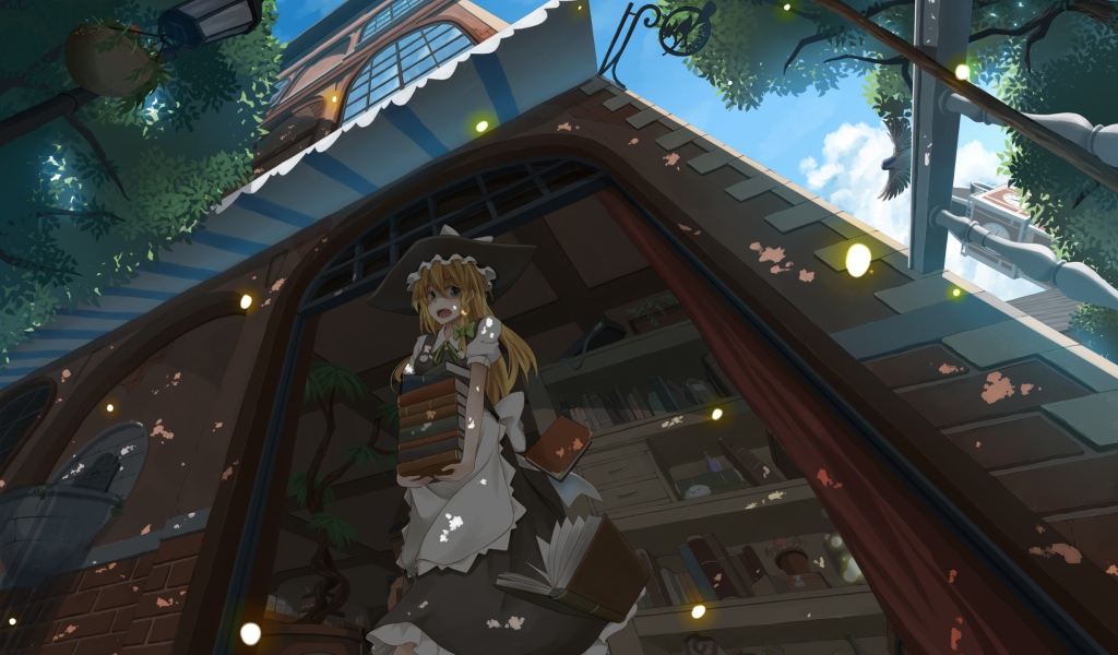 Девушка аниме со стопкой книг