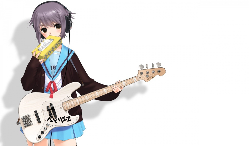 Девушка аниме с гитарой и в наушниках