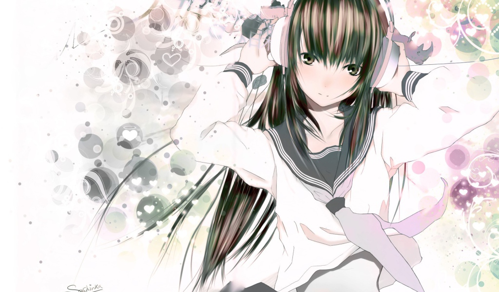 Аниме девушка в наушниках и школьной форме