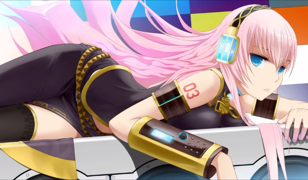 Аниме девушка с розовыми волосами в голубых наушниках, вокалоид