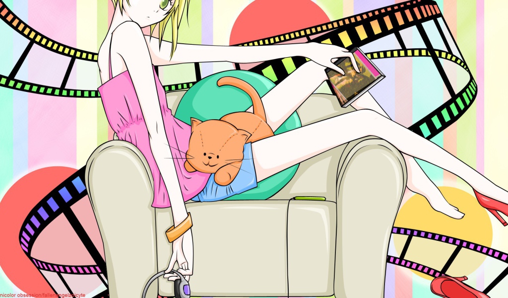 Девушка аниме с рыжим котом на коленях