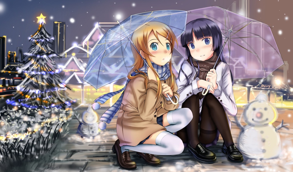 Девочки аниме под прозрачными зонтиками