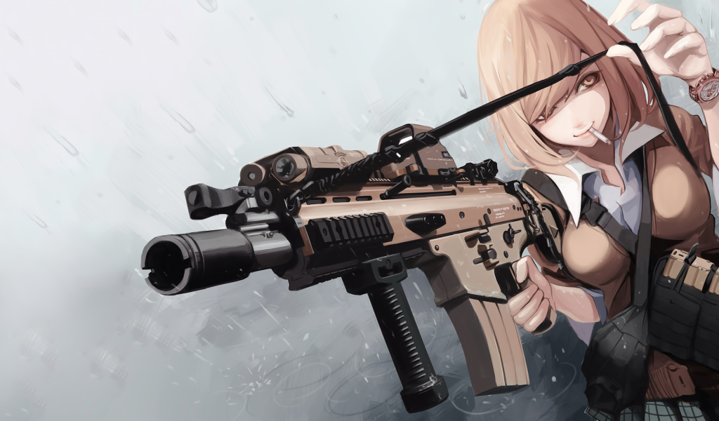 Автоматическая винтовка в руках девушки аниме