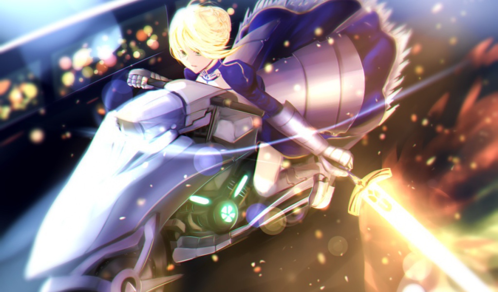 Блондинка Сайбер мчится на мотоцикле в аниме Fate Series