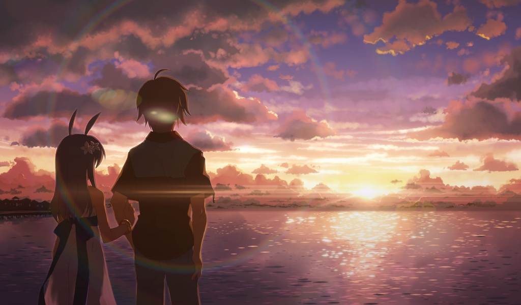 Парень и девушка смотрят на закат в аниме DJ Max