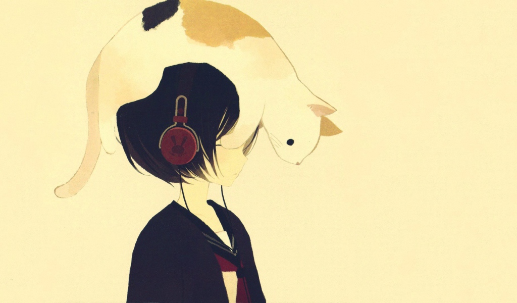 Кот на голове девушки аниме