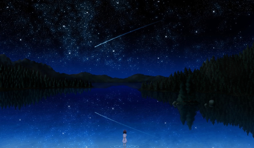 Комета в звездном небе над озером, аниме