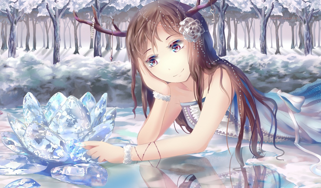 Фея аниме грустит над кристальным цветком