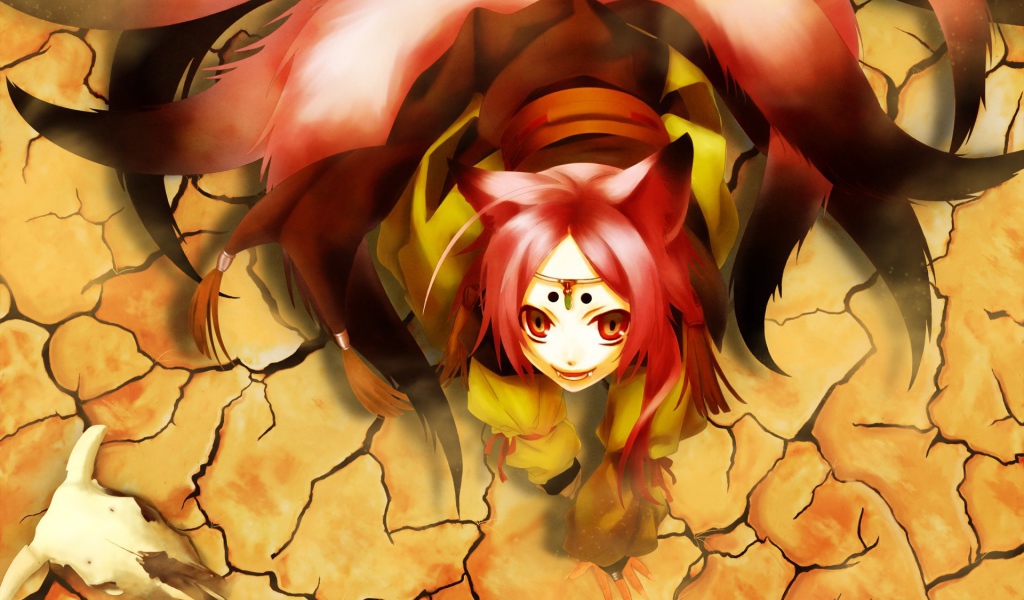 Девушка лиса на сухой земле, аниме