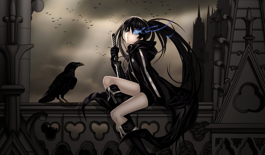Девушка и ворон в аниме Insane Black Rock Shooter