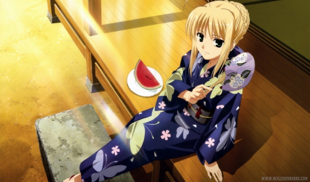 Девушка кушает арбуз в аниме Fate Series