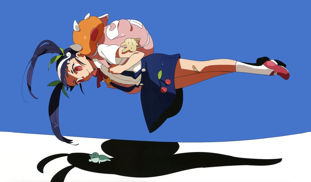 Девочка парит над землей в аниме Monogatari Series