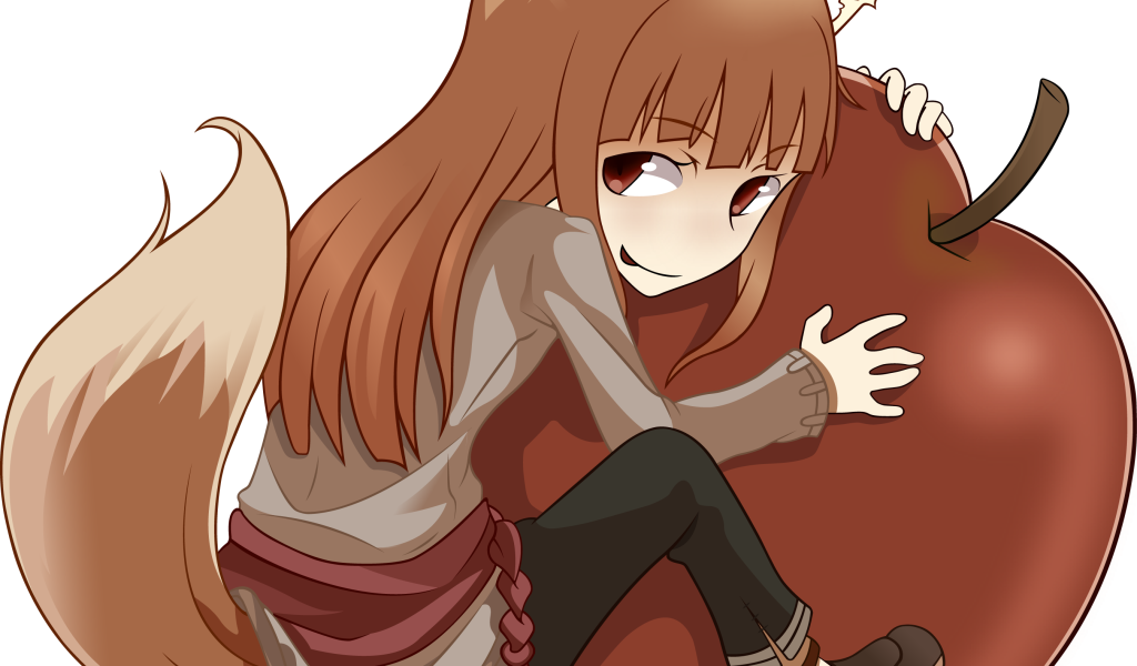 Девушка обнимает яблоко в аниме Волчица и пряности