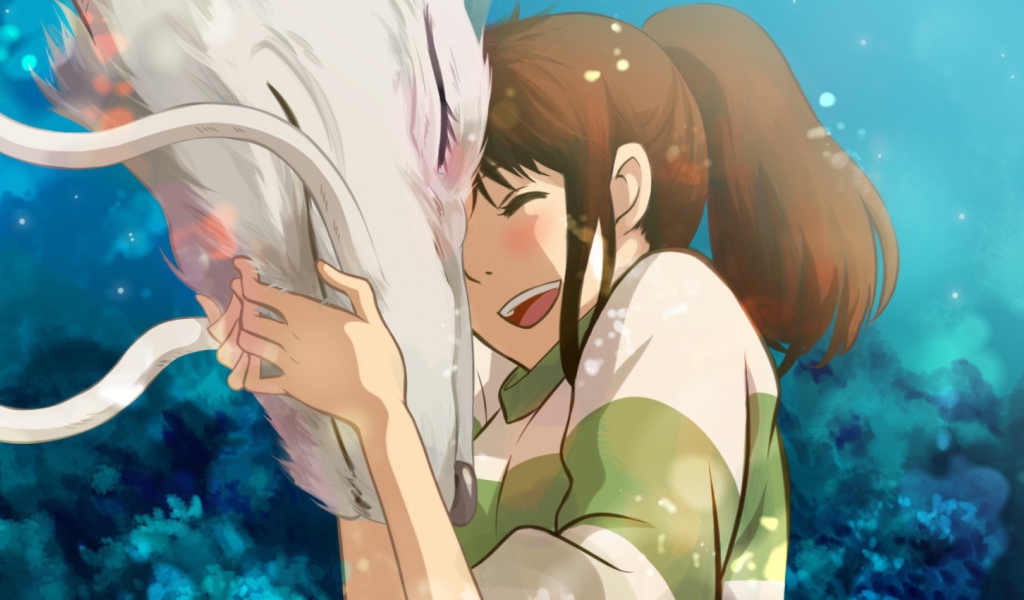 Девочка обнимает дракона в аниме Унесённые призраками