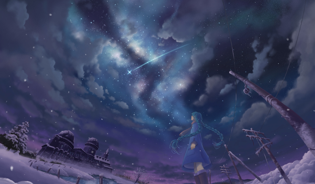 Девушка смотрит на комету, аниме