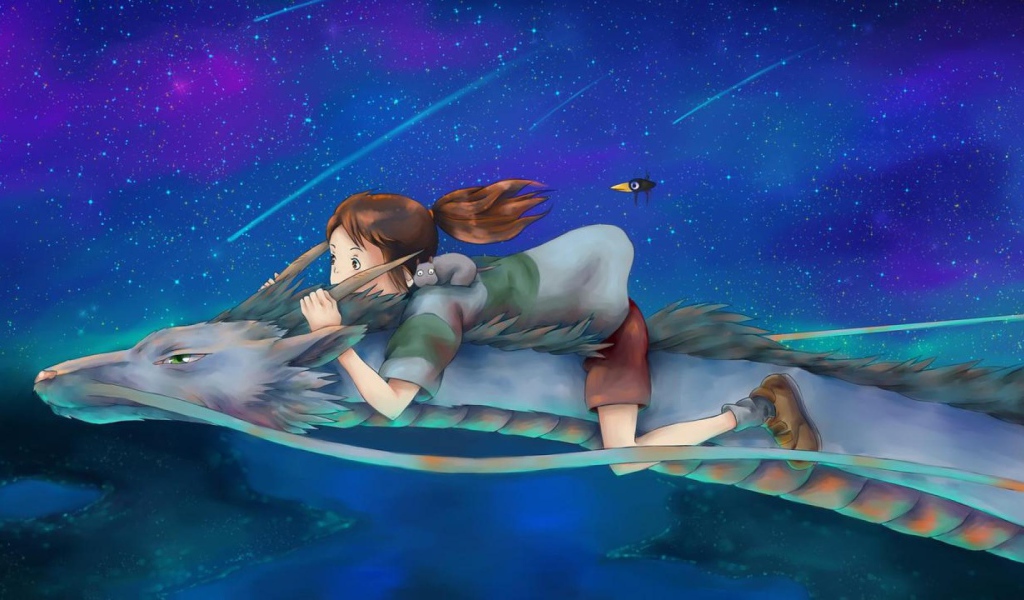 Девочка верхом на драконе в аниме Унесённые призраками