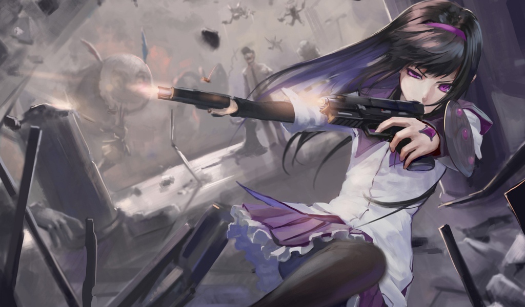 Девушка стреляет из пистолетов, аниме Девочка-волшебница Мадока