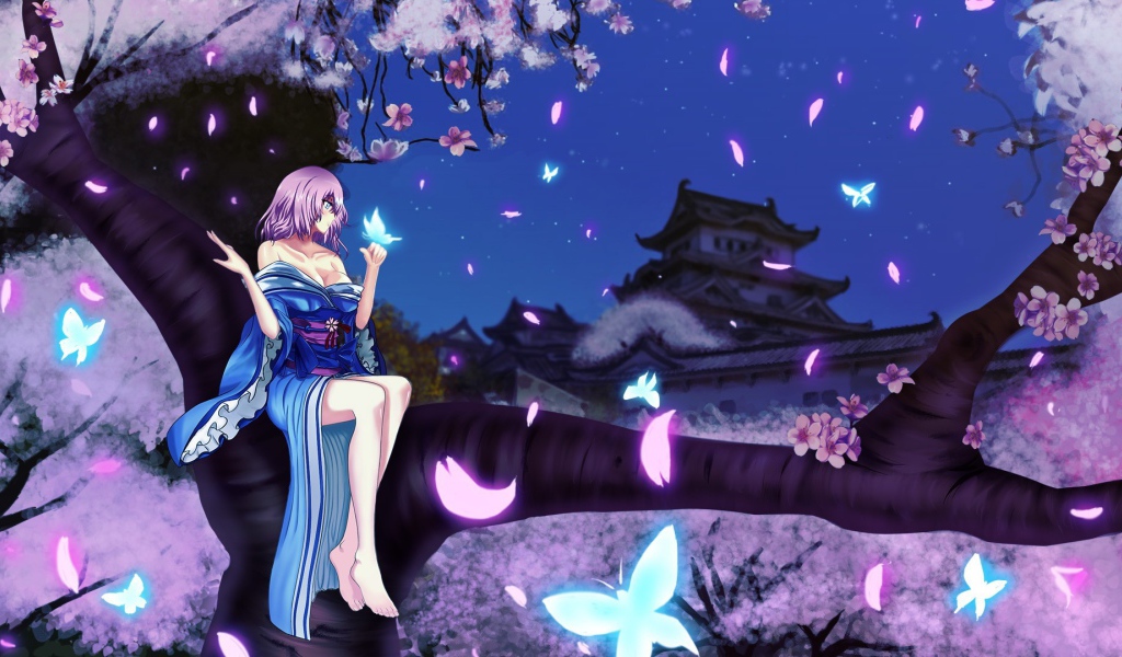 Девушка сидит на дереве в аниме Saigyouji Yuyuko