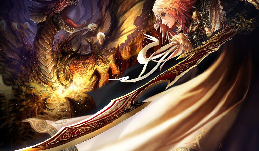 Девушка с мечом и дракон в мире аниме