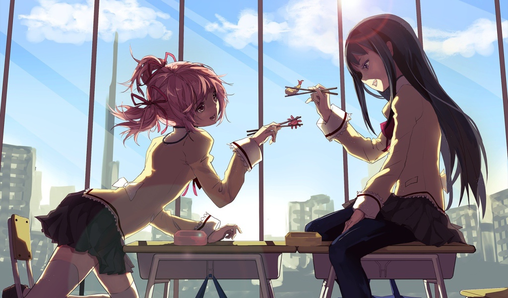 Девушки кушают свой обед, Девочка-волшебница Мадока