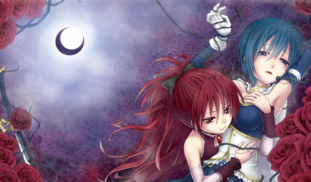 Девушки под луной в аниме Mahou Shoujo Madoka Magica