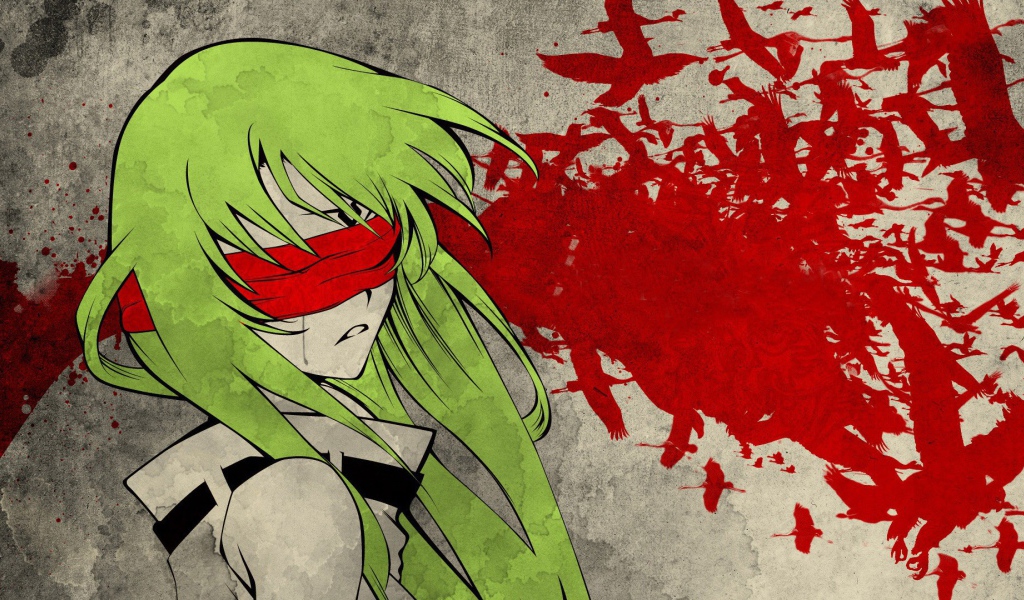 Зеленоволосая девушка с красной повязкой на глазах, аниме Code Geass